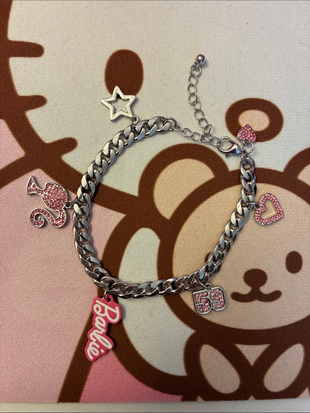 Barbie Silver Charm Bracelet with Pink Barbie & Hearts